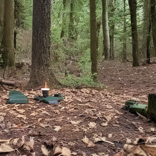 Prompt: Trail cam footage of an occult ritual in the forest