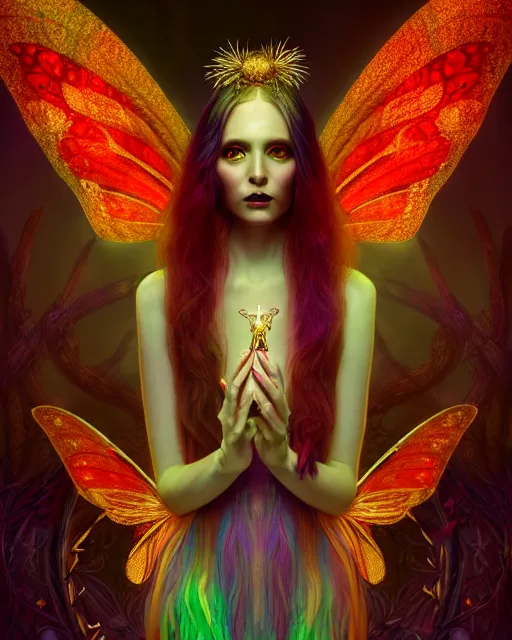 Image similar to portrait, stunningly beautiful female faerie priestess in amanita muscaria forest landscape, symmetrical wings on back, neon hair, wearing a dress of gossamer gold, inner glow, illustration, dramatic lighting, soft details, painting, art nouveau, octane render, 8 k, hd, by brom, faces by otto schmidt