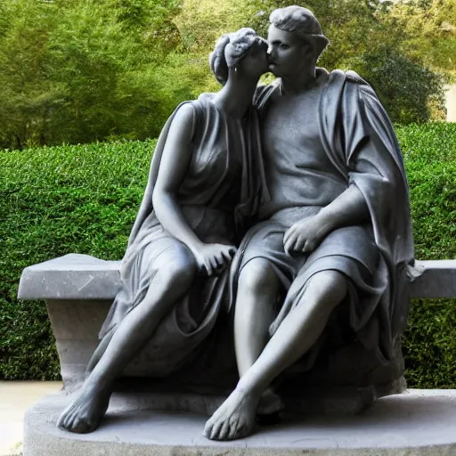 Prompt: a couple sitting on a park bench, marble statue