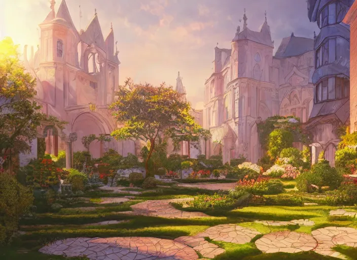 Prompt: environmental illustration of a cloister garden in a late renaissance city at sunset | | anime key visual, official media, illustrated by wlop, extremely detailed, 8 k, trending on pixiv, cinematic lighting, beautiful