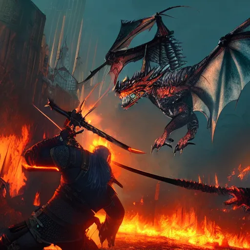 Prompt: a witcher fighting a dragon in a cyberpunk city, a dark myst surrounds them at dawn, the city is on fire, detailed