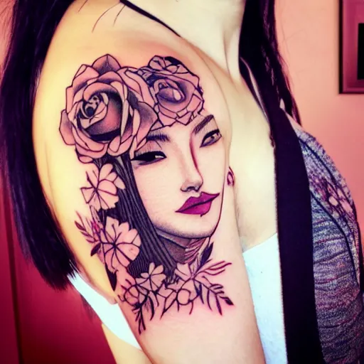 Image similar to tattoo design, stencil, beautiful japanese girls face, roses and ivy surrounding, looking over shoulder by artgerm, artgerm, cat girl, anime