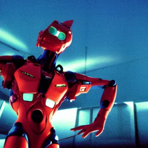 Image similar to movie still of a cyborg evangelion, cinematic composition, cinematic light, warm lighting criterion collection, by edgar wright