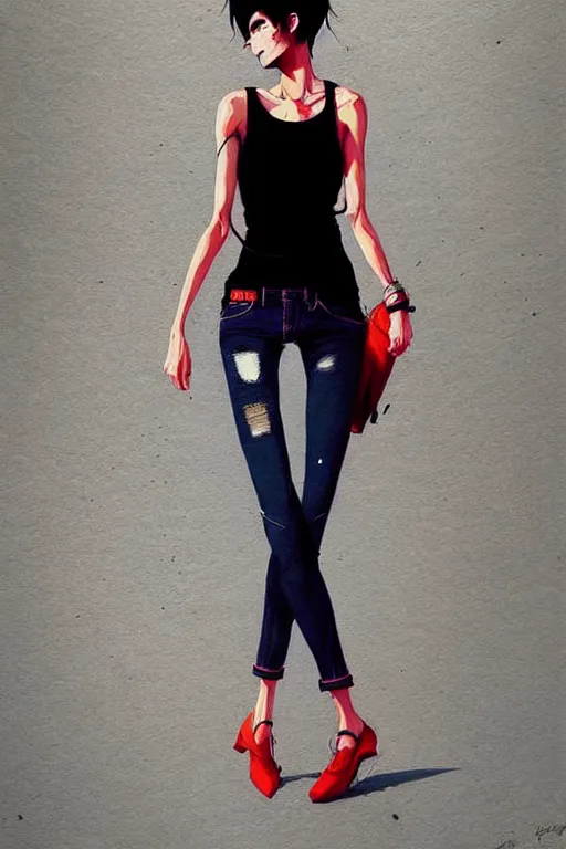 Prompt: a ultradetailed beautiful full body painting of a stylish woman with short hair, she is wearing a black tank top and jeans, by conrad roset, greg rutkowski and makoto shinkai trending on artstation