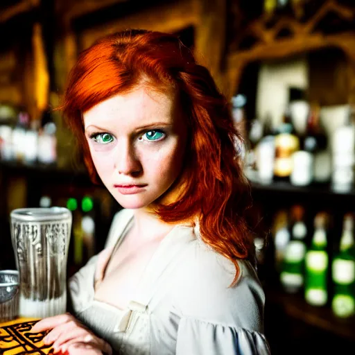 Prompt: beautiful bar maid with auburn hair and green eyes, in a medieval tavern, dramatic, cinematic, filmic, 7 5 mm, f / 1. 8