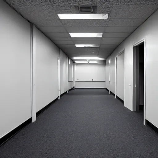 Image similar to the backrooms : weird creatures, an endless maze of randomly generated office rooms and other environments. it is characterized by the smell of moist carpet, walls with a monochromatic tone of dirty off - white, 1 9 8 0's style carpeted walls and buzzing fluorescent lights % 5 0 working, general sense of run down and a abandonment, pee stains on walls