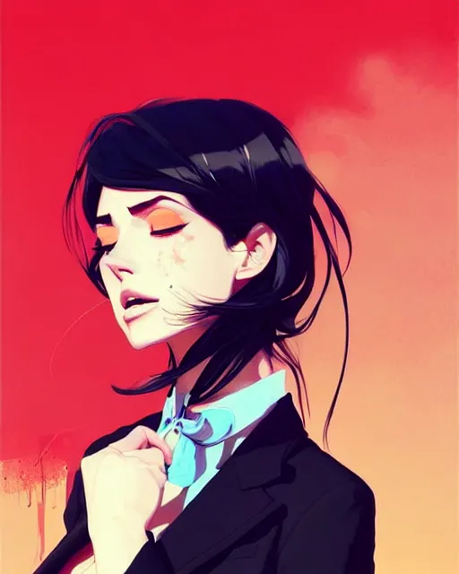 Image similar to a ultradetailed beautiful panting of a stylish woman wearing a shirt with a tie, she has black hair, by conrad roset, greg rutkowski and makoto shinkai, trending on artstation