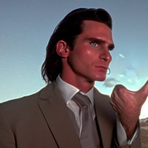 Image similar to film still of patrick bateman holding the one ring at mount doom in the return of the king