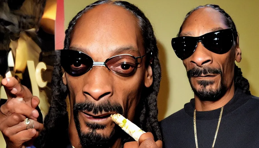 Image similar to Snoop Dogg smokes a big joint with red eyes