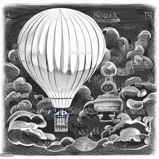 Image similar to steampunk air balloon over fantasy landscape, vector art, line art, engraving illustration