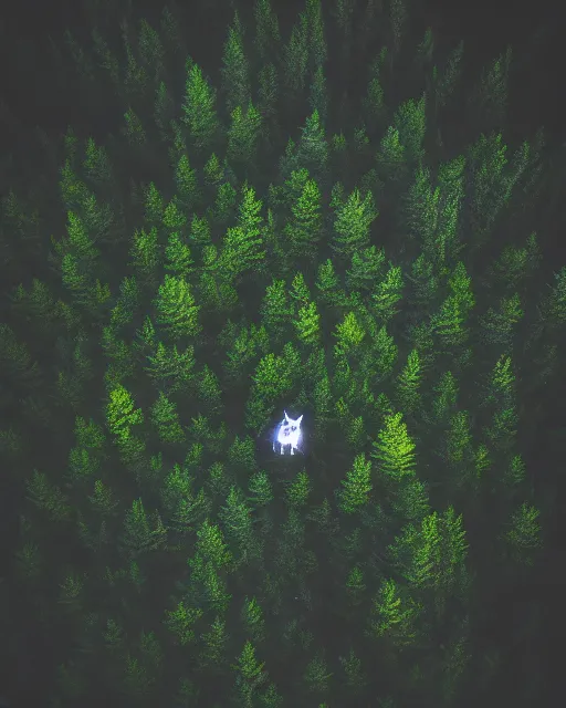 Image similar to werewolf in forest at night, shot from drone, grainy, polaroid