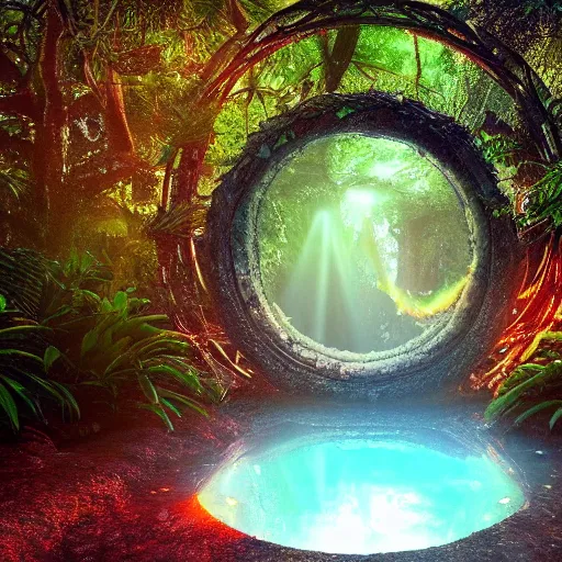 Image similar to stargate portal full of water bursting to another dimension inside a beautiful tree in a densely overgrown jungle, fantasy, dreamlike sunrise volumetric lighting, ultra realistic, atmospheric, stopped in time, epic