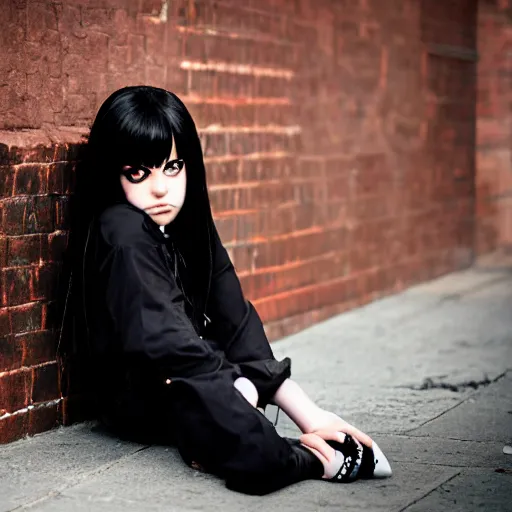 Image similar to a photograph of an emo goth girl sitting on a brick wall on a hot day, 2006, black hair, English, depth of field