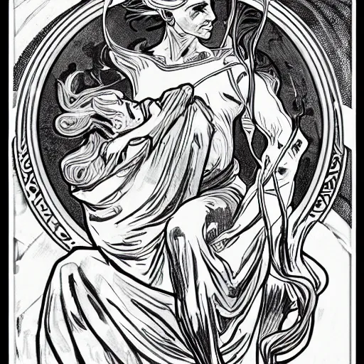 Image similar to prometheus creating humans in the style of alphonse mucha