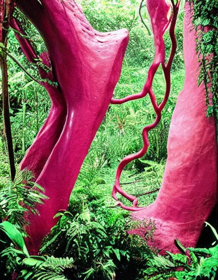 Image similar to vintage color photo of a giant 1 1 0 million years old abstract sculpture made of liquid pink and gold covered by the jungle vines