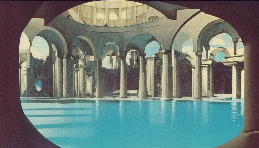 Prompt: A 1985 magazine architecture photo of a pool inside the giant Palace, mediterranean balustrade and columns, refracted lines and sparkles, thunderstorm, greek pool, beach and Tropical vegetation on the background major arcana sky and occult symbols, kitchen by paul delaroche, hyperrealistic 8k uhd, award-winning, 1985