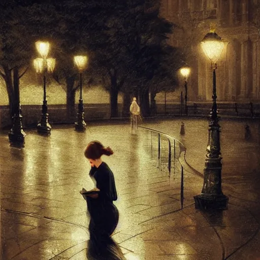 Prompt: a girl reading book, hair flowing down, city park, street lights, contrast, dramatic, by Edouard Bisson