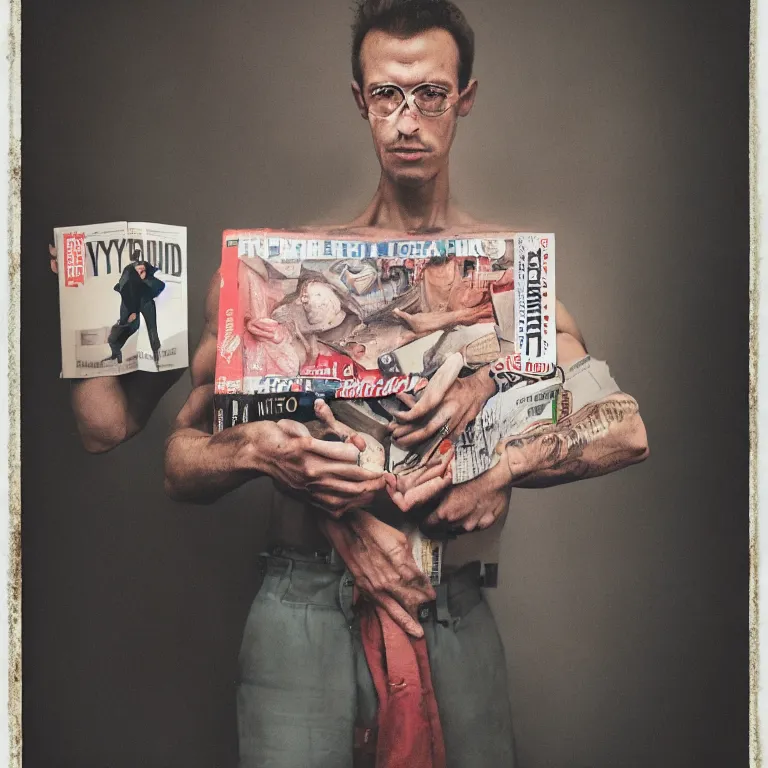 Image similar to realistic exposed expired fuji film portrait of a man holding up a magazine named ai, hyperrealism, hypermaximalism, photorealistic, detailed, atmospheric, 8 k, award winning photography, cinematic