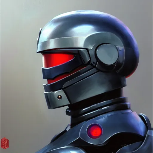 Image similar to greg manchess portrait painting of robocop as overwatch character, medium shot, asymmetrical, profile picture, organic painting, sunny day, matte painting, bold shapes, hard edges, street art, trending on artstation, by huang guangjian and gil elvgren and sachin teng