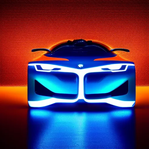 Image similar to a orange and blue shiny metallic robot in style of a bmw concept car vision with cyan glowing laser beams out of the eyes, insanely integrate details, cables out of the ears, sharp, frontshot, 8 k,