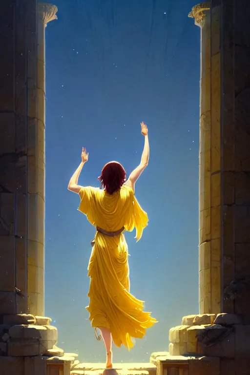 Image similar to high detail portrait, screaming woman wearing ancient greek yellow paper tunic, hands in air, stephen bliss, fantasy art by greg rutkowski, rhads, ferdinand knab, makoto shinkai and lois van baarle, ilya kuvshinov, rossdraws, tom bagshaw, global illumination, radiant light, ancient greek temple ruins, red and blue color theme