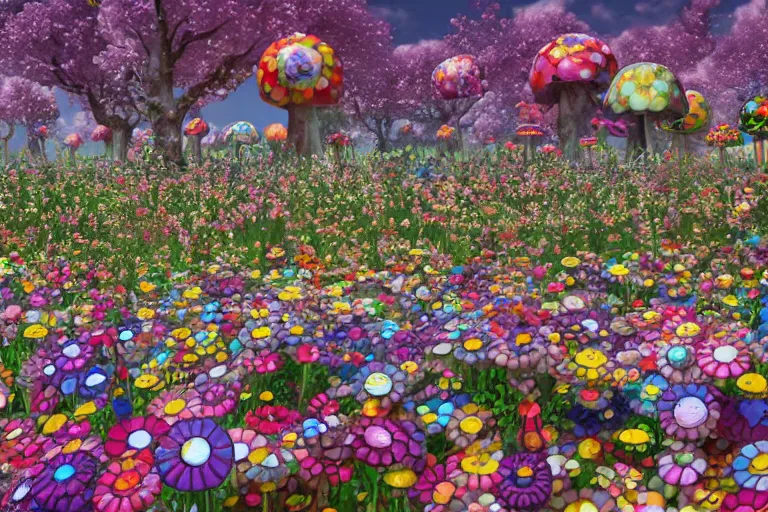 Image similar to Floral psychedelic apocalypse caused by the crashing of the Murakami flower meteor in the peaceful village of mushrooms, unreal engine 5 render, art by Takashi Murakami, Meteor made out of Murakami flowers, tiny mushroom village