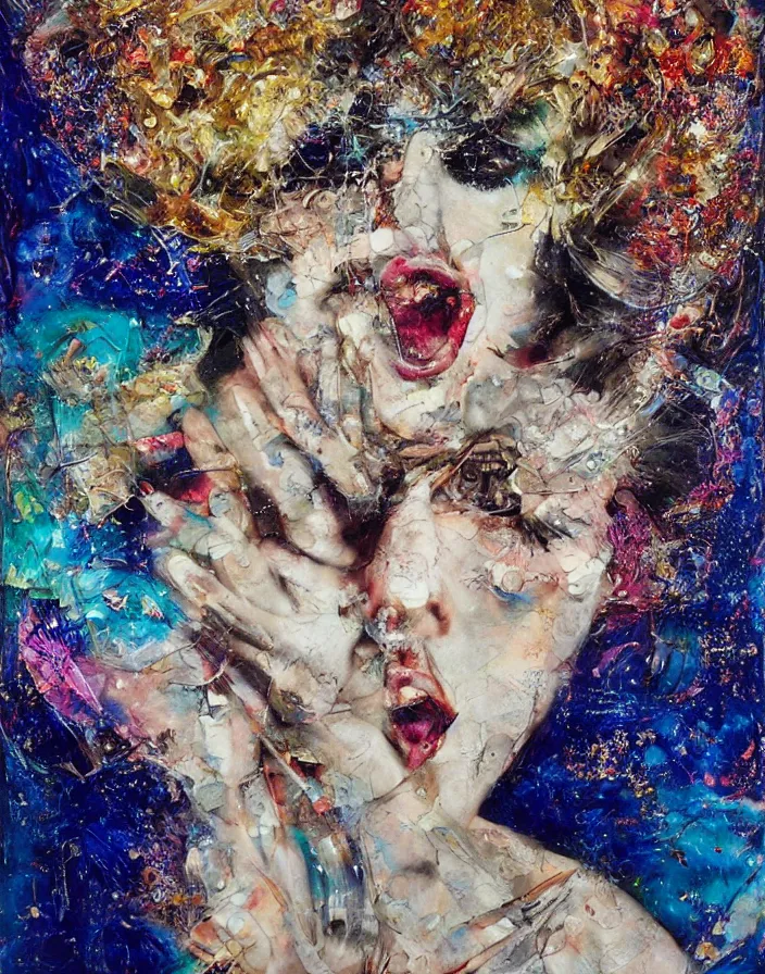 Prompt: elegant celestial orgasm detailed and highly reliefed analogue mixed media collage with canvas texture in style of conteporary art, punk art, hyperrealistic beautiful face, photorealistic, expressionism, masterpiece, perfect composition, spectacular quality, intricate oil details