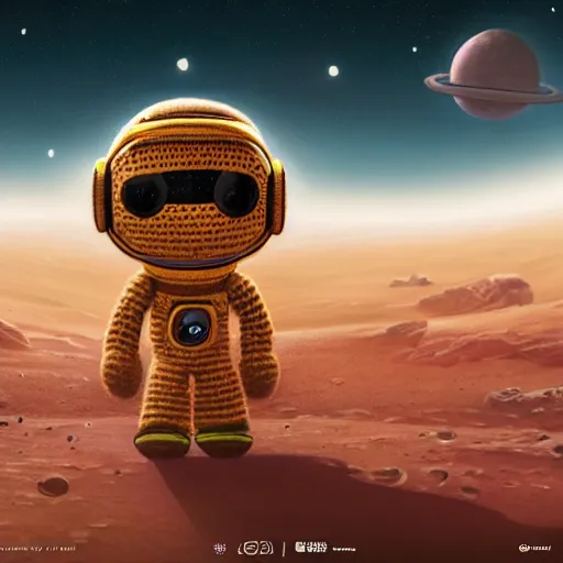 Prompt: cute robot crochet astronaut traveling alone on mars. yarn, cute, illustration, digital art, inspired by little big planet, by greg rutkowski, detailed, sharp, masterpiece, highly detailed, photorealistic, octane render, 8 k, unreal engine 5, trending on artstation, cinematic
