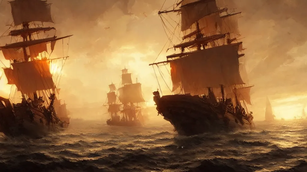 Image similar to a pirate ship, low angle, cinematic, golden hour, by greg rutkowski, artstation, hd, mist