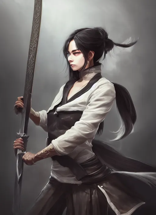 Prompt: a highly detailed illustration of fierce messy ponytail black haired one armed delinquent woman wearing japanese uniform cap wearing long white coat cape, dramatic wielding sword pose, muscular, intricate, elegant, highly detailed, centered, digital painting, artstation, concept art, smooth, sharp focus, league of legends concept art, wlop.