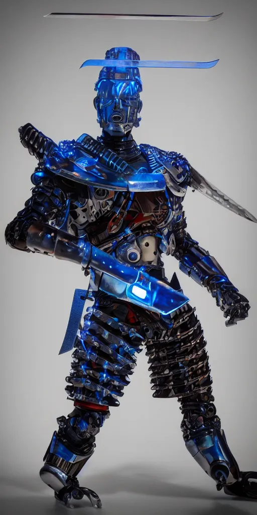 Prompt: a photo of cyborg samurai posing with a blue katana, futuristic, holographic, 8k, sharp focus, fujifilm