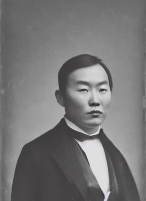 Prompt: a clear black and white photograph of Wu Ningkun, wearing a black suit, front portrait, face brightly lit and highlighted, high contrast, daguerreotype, by Nadar