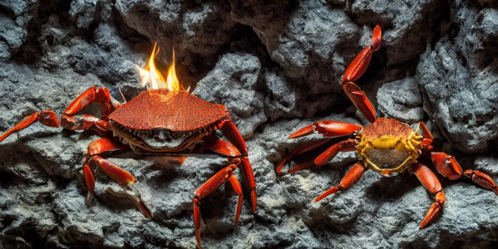 Image similar to crabs during a feeding frenzy inside of a cave, speleothems, limestone, rock strata, torches, rituals, carrion, extremely detailed, photorealistic, 4 k, 8 k