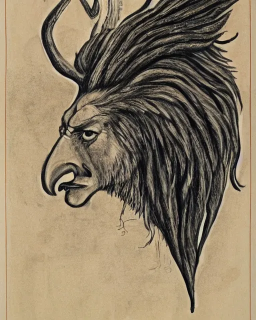 Image similar to human / eagle / lion / ox hybrid with two horns, one big beak, mane, human body. drawn by francis bacon