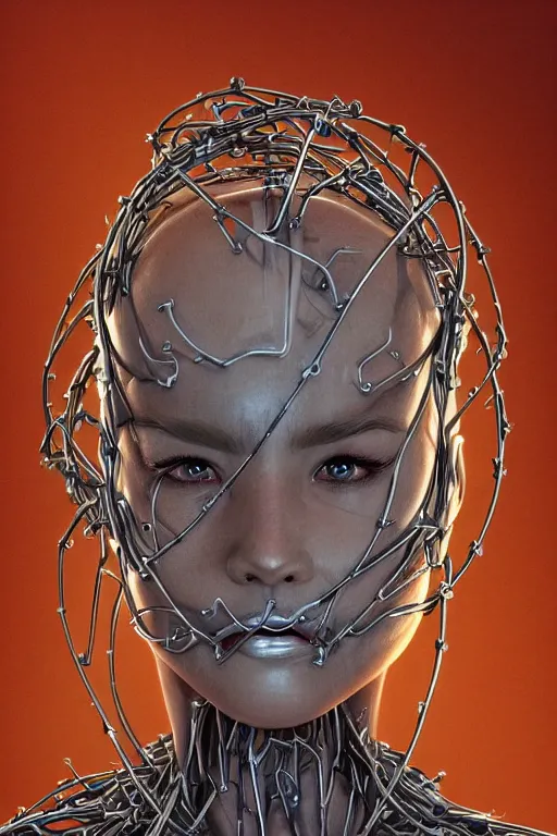 Prompt: organic cyborg head wrapped in barb wire by Hajime Sorayama and Jamie Coreth, trending on artstation, centered, symmetrical, electric hair, bilateral symmetry, 80s poster, polished, thick smoke, retro dark vintage sci-fi, 2D matte illustration