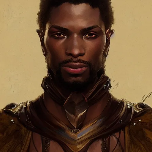 Prompt: portrait of slave knight josiah, elegant, intricate, headshot, highly detailed, digital painting, artstation, concept art, sharp focus, illustration, art by artgerm and greg rutkowski and alphonse mucha