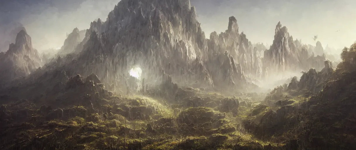 Image similar to amazing concept painting, by Jessica Rossier and HR giger and Beksinski, A gleaming white opera hall fortress overlooks a fertile valley, brutalist deak ferrand Jean-pierre Ugarte bases, Rivendell Himeji, hallucination, garden of eden