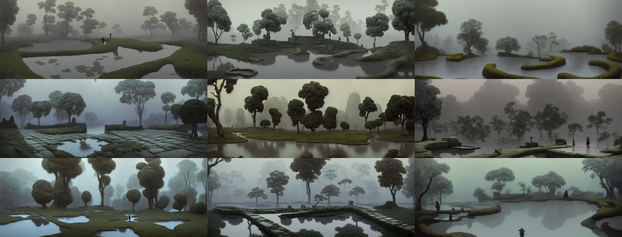 Prompt: a gorgeous bleak spring landscape painting by barlowe wayne maxfield parrish and marco mazzoni. rainy mood. traditional huizhou architecture. lonely memorial ceremony. grey blue and very little light verdancy. wet winding stone steps. ultra clear detailed. 3 d, octane render. turbulent blood lake. fog, 8 k