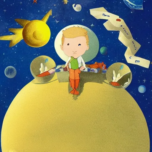 Image similar to the little prince on a little planet floating in space, illustration by antoine de saint - exupery