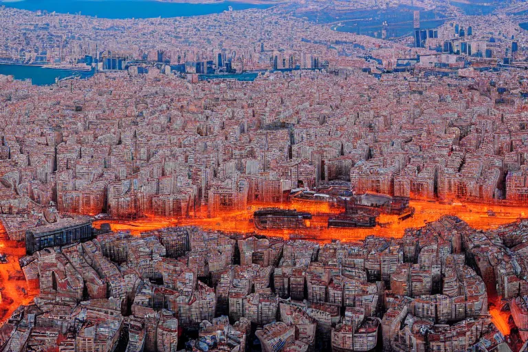 Image similar to dron views of dystopian barcelona city covered with water, global warming, sunset lighting, photo real