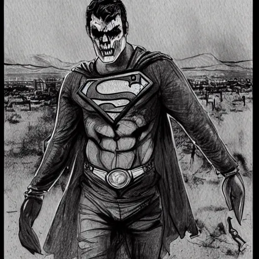 Image similar to black pen sketch of a superman zombie in a post - apocalyptic desert, gta 5 cover art style, the desert is in watercolor, elephant skull, pencil, intermediate art, paper art, pencil, bold lines, humans with apocalypse clothes on in the background, by an gta 5 loading screen artist