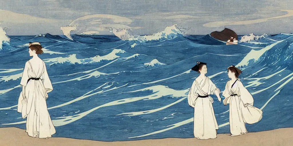 Image similar to two young edwardian women wearing white dresses hold hands on a beach in Sweden, by Anders Zorn, waves in the style of the great wave off kanagawa by Hokusai