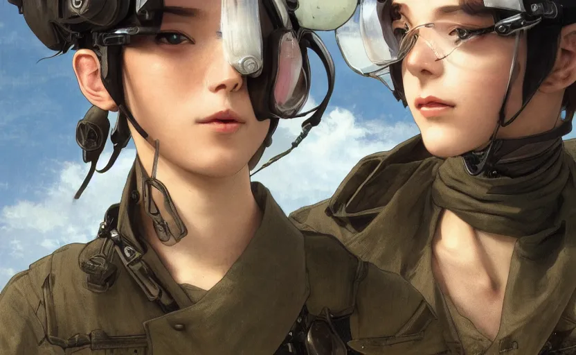 Prompt: a flying girl, fused aircraft parts, anime style, military pilot clothing, goggles, short hair, hair down, symmetrical facial features, from arknights, hyper realistic, 4 k, rule of thirds, extreme detail, detailed drawing, trending artstation, realistic lighting, by alphonse mucha, greg rutkowski, shoulder eyes, backlit
