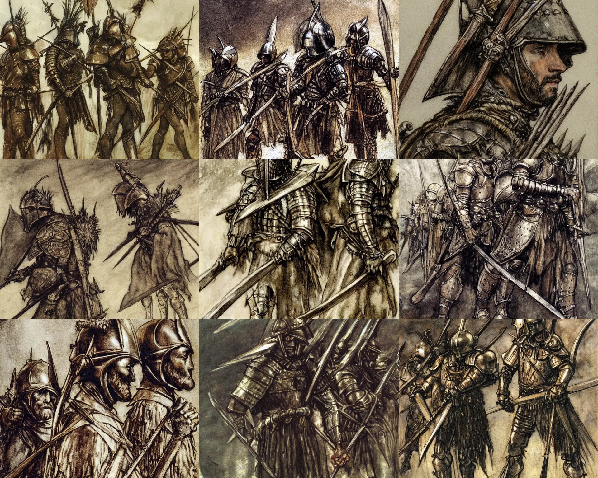 Prompt: A closeup portrait of sad, weary knights in winged helmets with spears in their hands, leaving for battle, realistic painting by Arthur Rackham, 50mm, concept art, epic