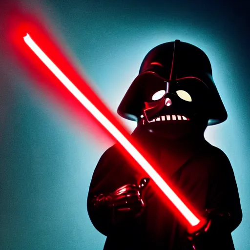 Image similar to Elmo as a dark lord of the sith weilding his red glowing light saber, studio portrait, mysterious lighting, 8K photograph