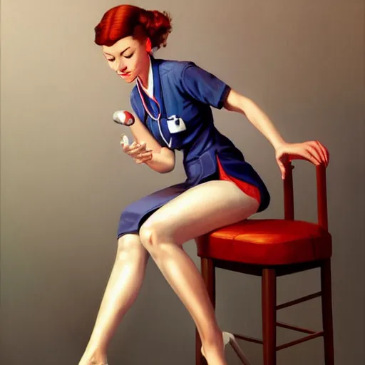 Image similar to portrait of a nurse on a stool, expressive pose, futuristic, highly detailed, digital painting, artstation, concept art, smooth, sharp focus, by Alberto Vargas