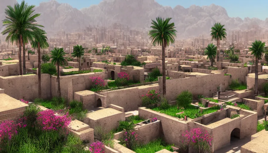 Prompt: ancient iranian city with rooftop gardens, flowers, palms, artstation