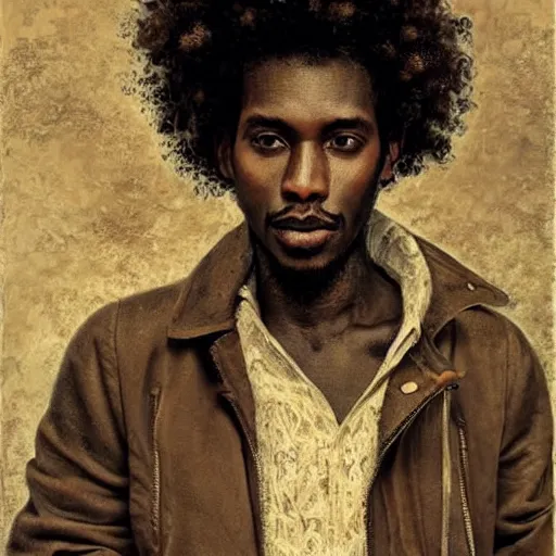 Prompt: east african man with curly hair, philosophical, contemplative, vintage, by jose miguel, francois fressinier, giovanni battista, jose miguel, beautiful, dreamy