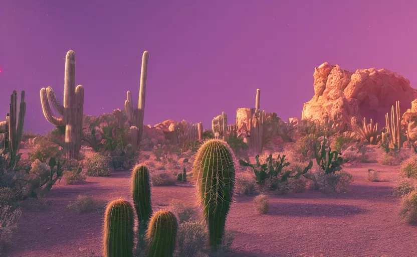 Image similar to a beautiful render of a sci - fi scientific industrial facility localized in a desert cave, cacti, patches of yellowish - red - magenta sky, sunset lighting, detailed, hazy, dry, volumetric lighting, god rays, 8 k, photorealistic, raytracing effects, rtx on