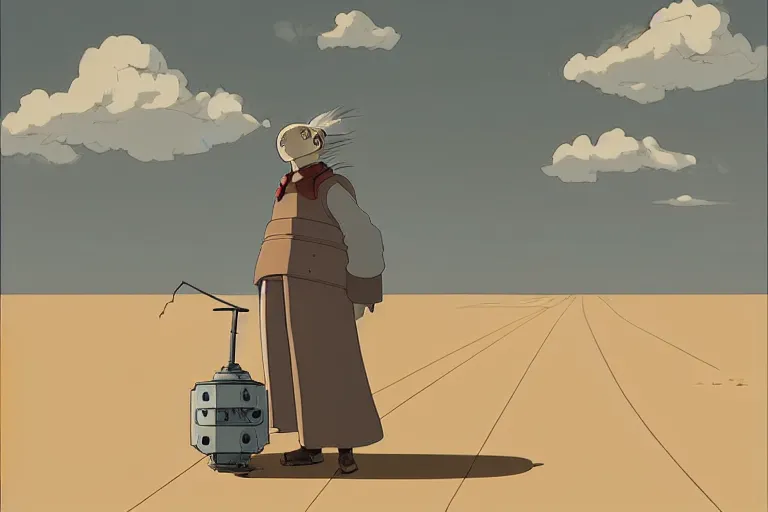 Image similar to a study of cell shaded cartoon of a grey mechanized monk from howl's moving castle ( 2 0 0 4 ) on a desert road, full body, wide shot, very muted colors, post grunge, studio ghibli, laurie greasley, highly detailed, deviantart, art by artgem